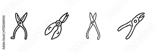 Gardening Tools Line Icon Set In Doodle Style. Pruning Shears, Scissors, And Pliers Outline Sketch Collection. Hand Drawn Isolated Vector Illustration