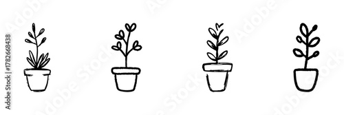 Potted Plant Line Icon Set In Doodle Style. Indoor Gardening, Home Decor, And Botanical Illustration Outline Sketch Collection. Hand Drawn Isolated Vector Illustration