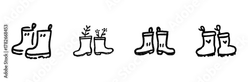 Rubber Boots Line Icon Set In Doodle Style. Gardening, Outdoor Activities, And Nature Connection Outline Sketch Collection. Hand Drawn Isolated Vector Illustration