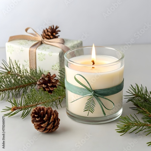 Elegant Scented Candle in Glass Jar with Ribbon and Pine Decoration – Minimal Holiday Product Mockup on White Background