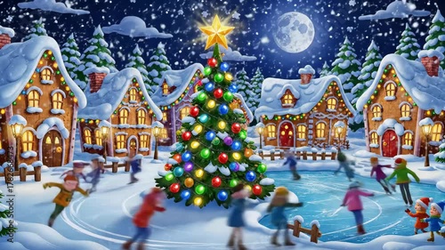 Wallpaper Mural Animated Winter Village Scene - This charming scene depicts a snow-covered village with cozy houses, a decorated Christmas tree with a star, and a group of children skating on an ice rink under a Torontodigital.ca