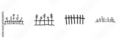 Garden Fence And Plants Line Icon Set In Doodle Style. Nature, Growth, And Landscaping Outline Sketch Collection. Hand Drawn Isolated Vector Illustration