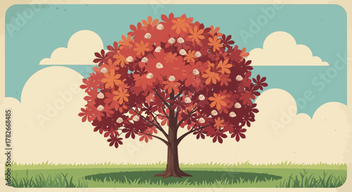 Autumnal tree scene with red leaves and seed pods vector illustration