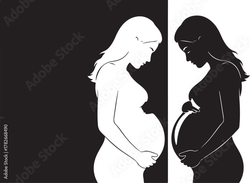 Duality of Motherhood: Bisected Pregnant Silhouette in Black and White