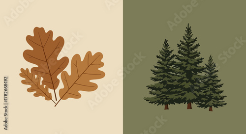 Autumnal Trees and Oak Leaves Split Tone Vector Illustration Artwork