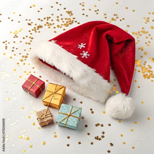 Santa Hat with Small Wrapped Gifts and Golden Confetti on Clean Studio Background