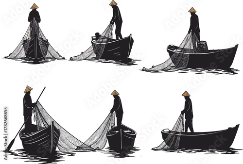 Traditional fishermen casting nets from wooden boats, vintage fishing illustration, river lifestyle, cultural heritage, maritime work, rural livelihood, ocean fishing art
