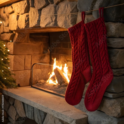 Red Knitted Socks Hanging Over Cozy Fireplace with Glowing Fire