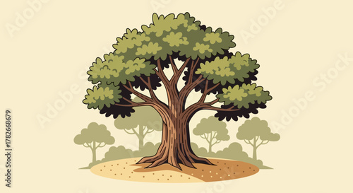 Illustrated majestic tree stands prominently in a serene cartoon landscape