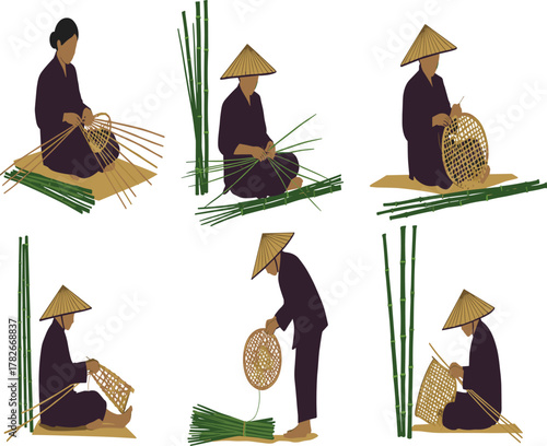 Traditional bamboo basket weaving process, handmade craft illustration, rural artisans working, sustainable material art, cultural craftsmanship, eco friendly handmade product