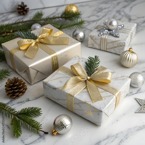 Luxury Wrapped Gift Boxes with Golden Bows and Silver Ornaments on Marble Background