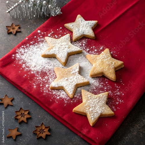 Homemade Star Cookies with Powdered Sugar on Red Napkin – Festive Christmas Dessert Flatlay