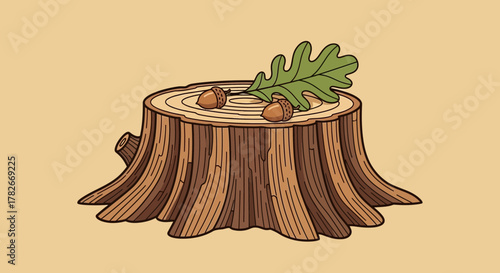Stylized illustration of a weathered tree stump with acorn and foliage