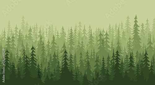 Stylized misty pine tree forest illustration in varying shades of green