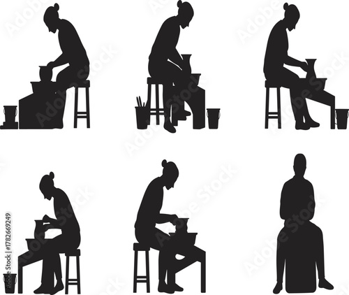 Silhouette of potter working on pottery wheel, handmade clay art process, ceramic crafting illustration, traditional pottery making, artisan studio work scene