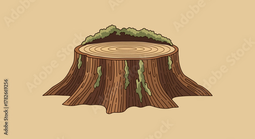Stylized tree stump illustration with rings and moss for environmental design