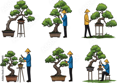 Bonsai tree gardening illustration, gardener trimming bonsai plants, traditional horticulture art, miniature tree care, zen garden maintenance, nature pruning work