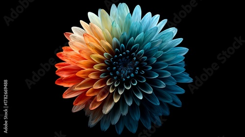 Multi-colored flower with gradient petals on Photo black background bloom