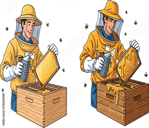 PrintBeekeeper collecting honey from wooden beehive with honeycomb frame, apiculture process illustration, beekeeping concept, natural honey production scene