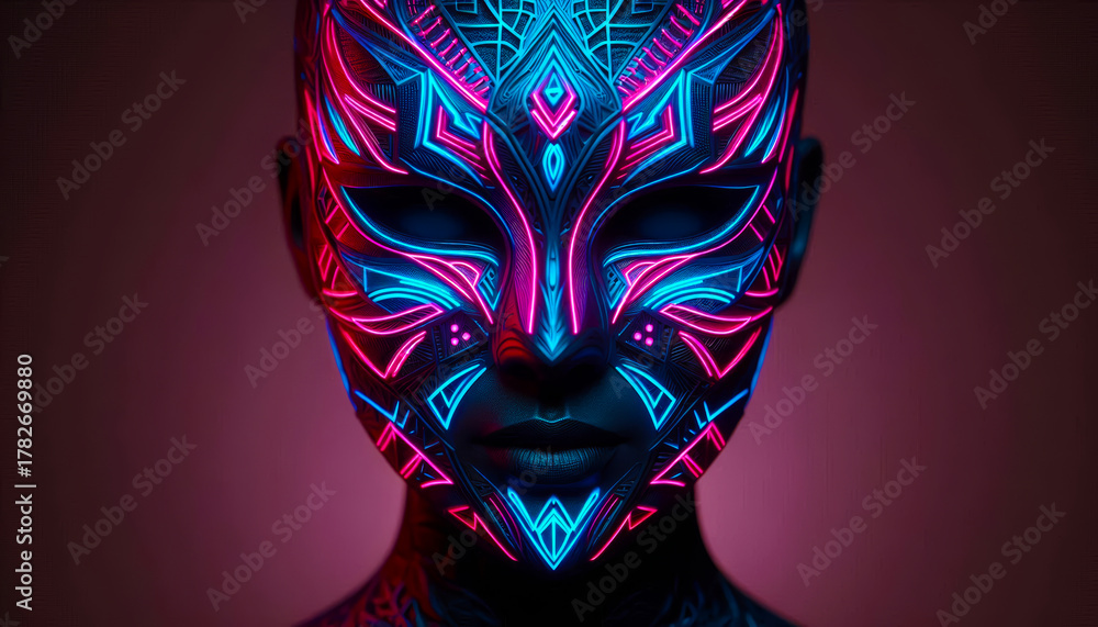 Naklejka premium Neon Masked Portrait with Geometric Patterns