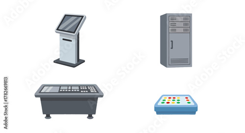 Modern Flat Design Vector Icons Industrial Control Panels Server Rack and SelfService Kiosk.