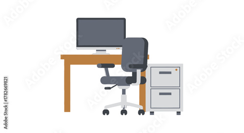 Modern Office Desk with Computer Chair and Filing Cabinet.