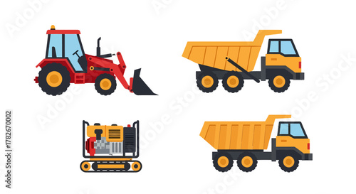 Set of colorful construction vehicles in a flat design style featuring a tractor dump trucks and a tracked generator.