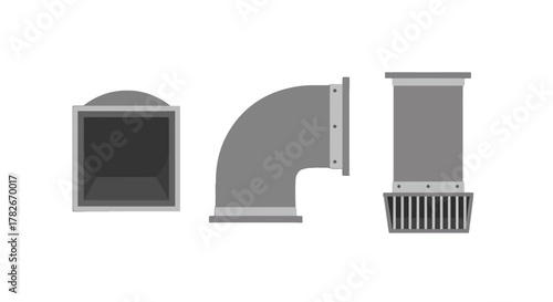 Set of three grey industrial HVAC ductwork components including an elbow and a grated vent.