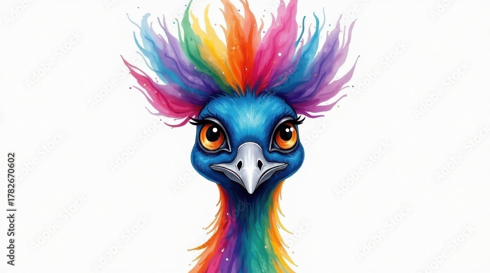 Fototapeta premium Vibrant colorful bird head with expressive eyes and rainbow plume
