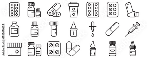 Modern line art of medicine and healthcare essentials for pharmacy visuals, treatments, and wellness promotions with a clean, professional look