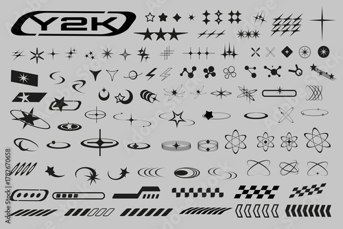 Y2K vector shapes set. Futuristic and retro geometric symbols including stars, atomic, orbits, sparkles, and abstract tech elements. Perfect for digital design, stickers, and social media graphics.