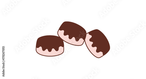 Three Cartoon Chocolate Covered Marshmallows with Wavy Edges Illustration.