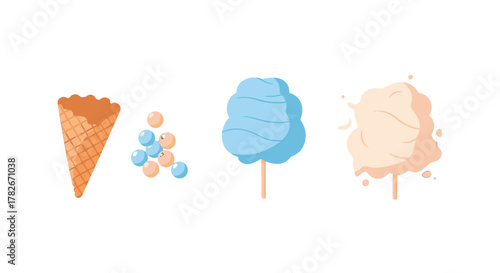 Sweet Treats Flat Vector Set Waffle Cone Boba Pearls Blue and Peach Cotton Candy on Sticks.