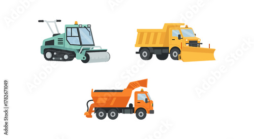 Three Cartoon Construction Vehicles Snowcat Yellow Snowplow Truck Orange Dump Truck.