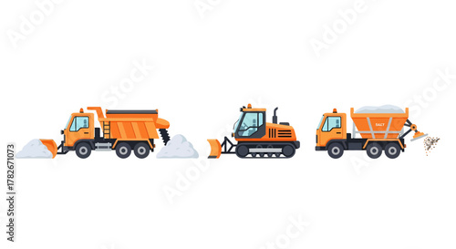 Three Orange Winter Service Vehicles Snowplow Bulldozer and Salt Spreader.