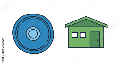 Vibrant blue data disc and simple green house icon illustration with clean lines.