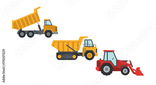 Vibrant flat design construction vehicles yellow dump trucks with raised beds and tracks red front loader.