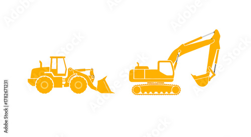 Vibrant orange heavy construction machinery silhouettes wheel loader and excavator.
