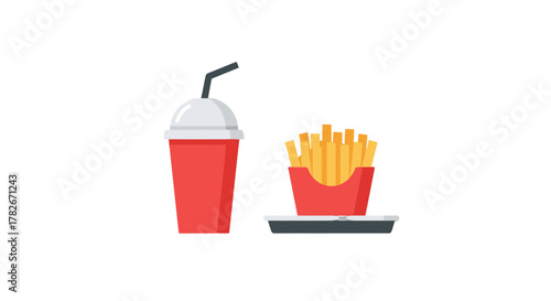 Vibrant red soda cup with straw and golden french fries in a matching red carton on a dark tray.