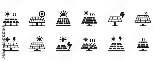 Explore a dynamic set of modern solar panel icons, perfect for illustrating sustainable energy solutions and renewable power initiatives in your designs
