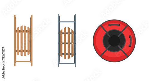 Winter Sleds and Tube Classic Wooden Sled Metal Sled and Red Inflatable Snow Tube.