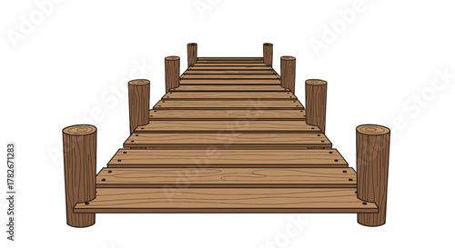 Wooden Pier with Vertical Support Pillars Perspective View Isolated.