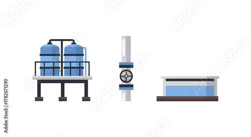 Water Treatment Plant Elements Tanks Pipe and Reservoir Illustration.