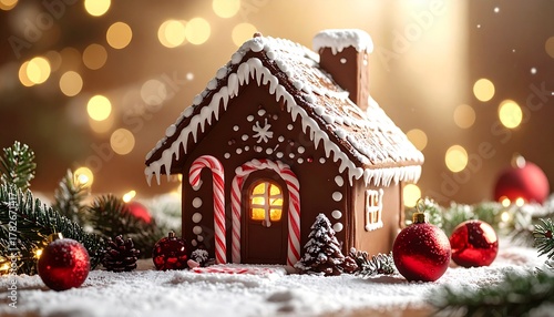 Casa de jengibre (o de chocolate) comestible con un fuerte ambiente navideño.