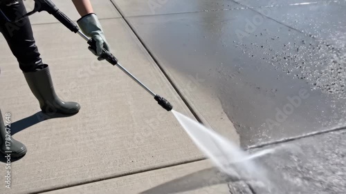 Pressure Washing Concrete Driveway - A person wearing protective gear uses a high-pressure washer to clean a concrete driveway.