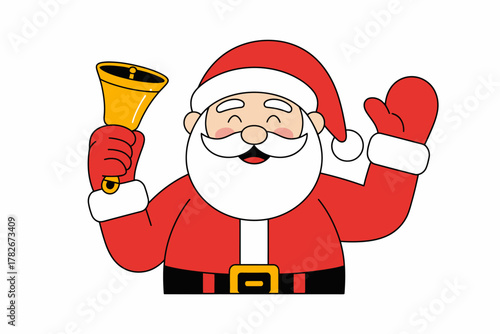 Jolly Santa Claus ringing a golden bell with a cheerful expression, ready for Christmas
