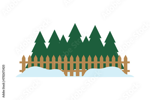 Cozy wooden fence bordering a serene evergreen forest on a snowy winter day.