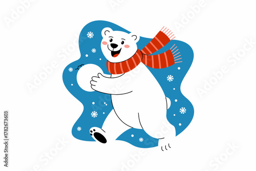 Joyful polar bear wearing a scarf plays with a snowball in a snowy winter scene