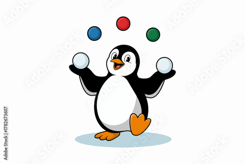 Whimsical penguin artistically juggling colorful balls and snowballs with a smile