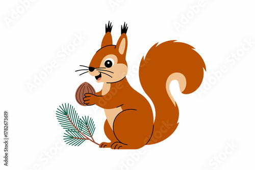 Cute cartoon squirrel holding a nut, with a pine branch, isolated on white background.